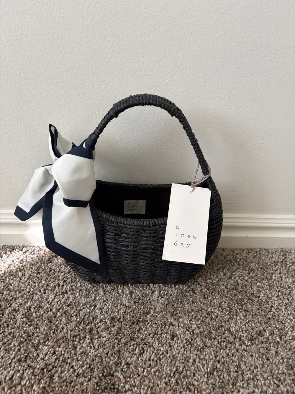 a new day Black Woven Top-Handle Tote with White & Navy Scarf Accent